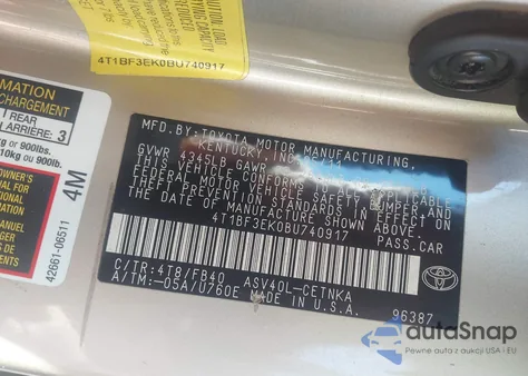 2011 Toyota Camry Le from USA, damaged, VIN 4T1BF3EK0BU740917